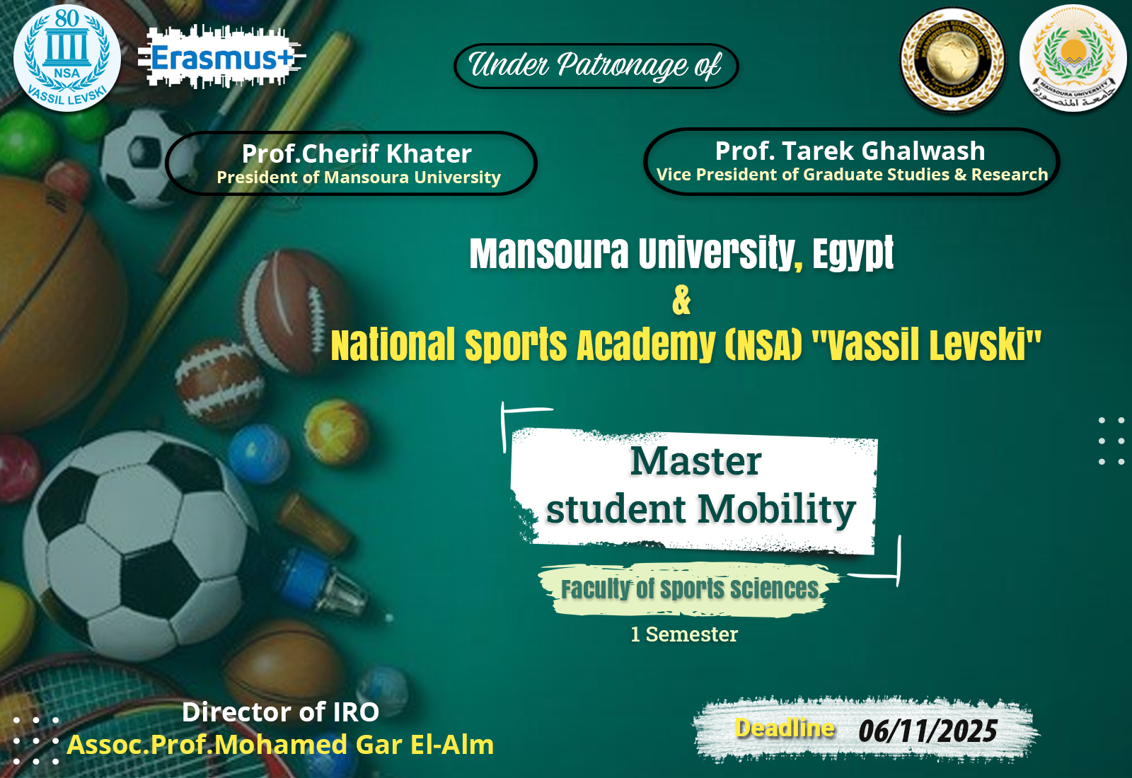 منحة خاصة بجامعة المنصورة ممولة بالكامل للاكاديمية الدولية لعلوم الرياضة National Sports Academy بدولة بلغاريا